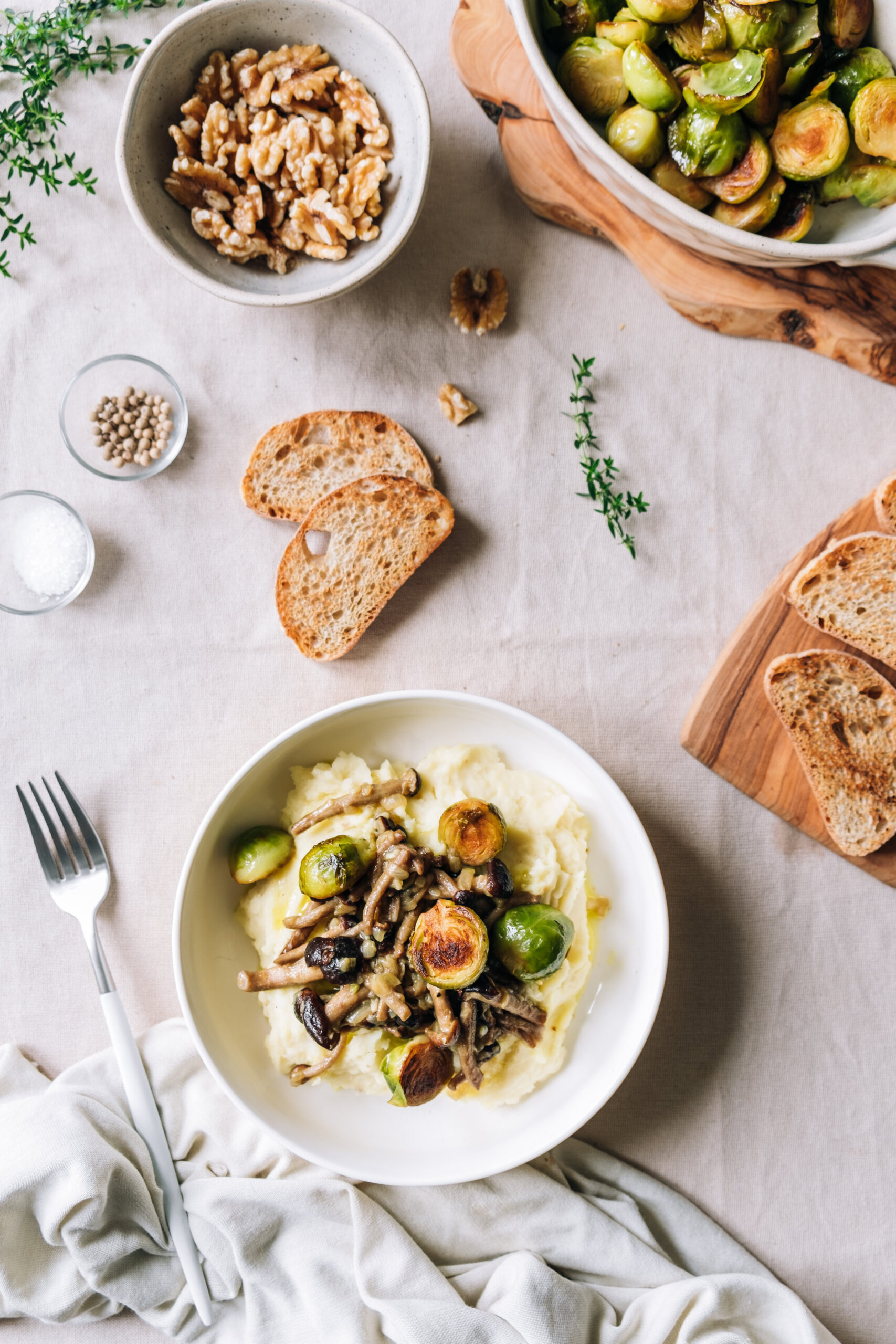 Mashed potatoes with mushrooms and brussels sprouts